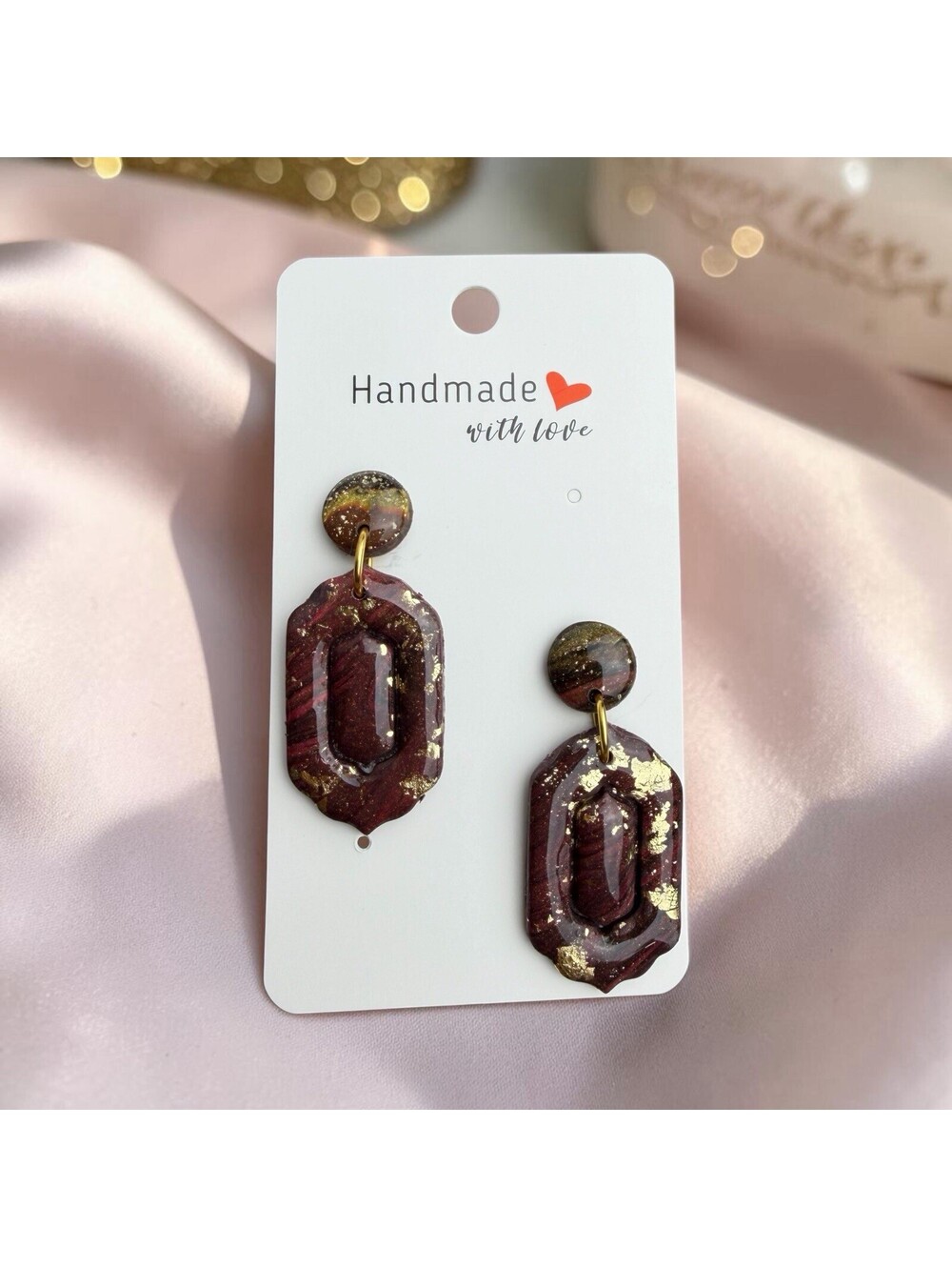 Handmade Polymer Clay Burgundy Brown Gold Geometric Dangle Statement Earrings